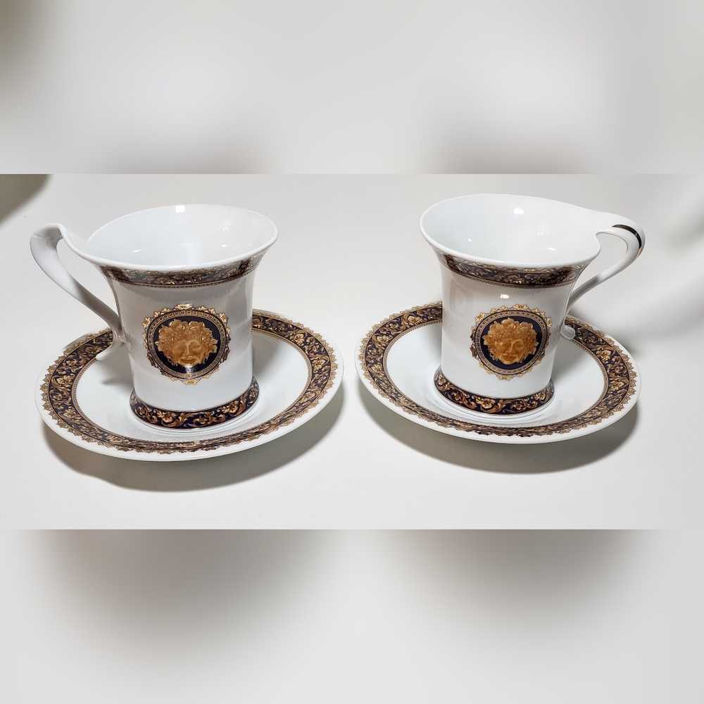 Adeline T. Limoges Bacchus Set of 2 Mugs and Saucers, Dark Blue Gold